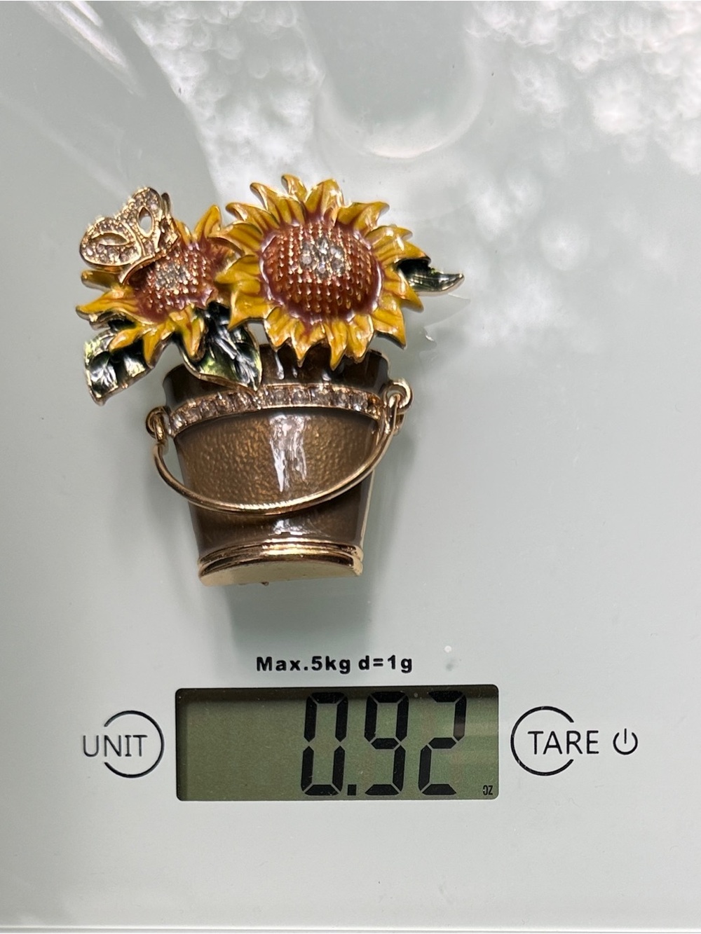 Napier Brooch Gold Tone Sunflower Butterfly Pot with Crystal & Enamel Accent - Picture 8 of 11
